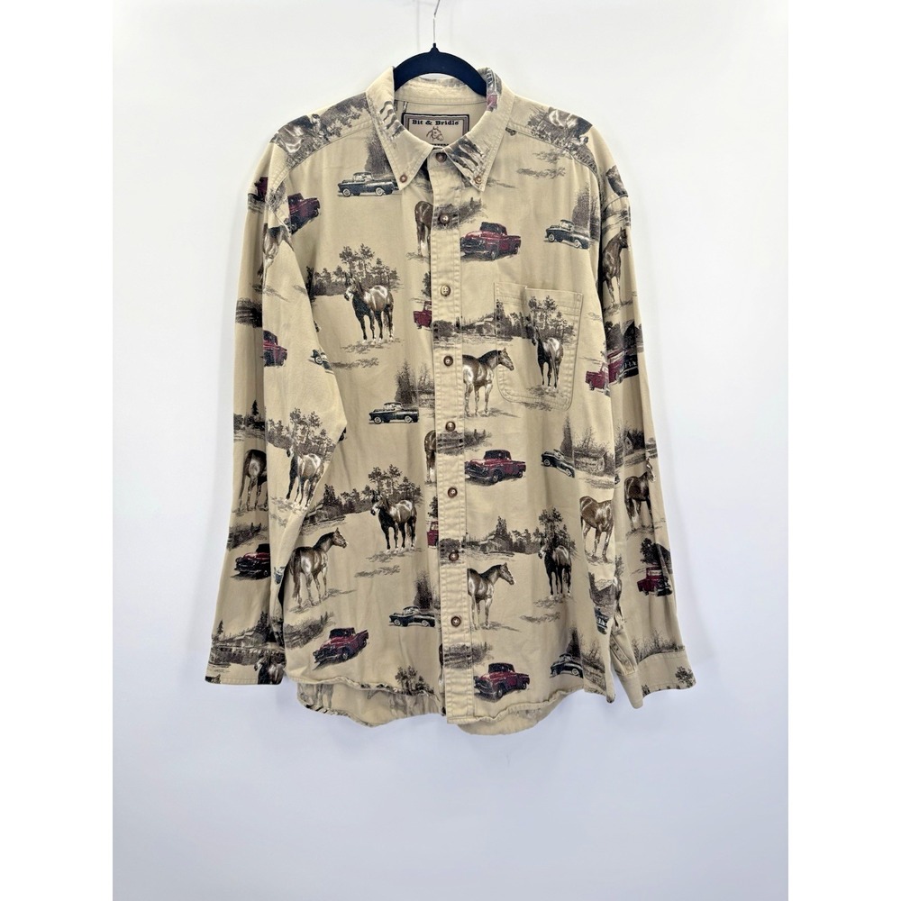 VTG Bit & Bridle Mens Equestrian Horse Classic Cars Print Casual Button Down LT